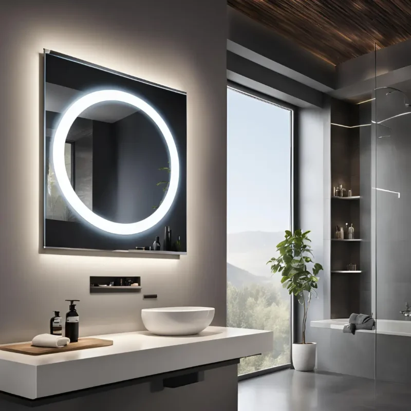 Oglindă cu iluminare LED într-o amenajare de baie