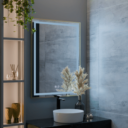 Oglindă LED RAYNA 60 × 80 cm, touch, dezaburire și ramă cu finisaj auriu brushed