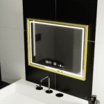 Oglindă LED dreptunghiulară, 80x60cm, Verite Royale Gold MotionGlow Marcello, Sistem dezaburire, Ceas & termometru, intensitate reglabilă