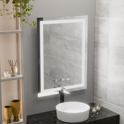 Oglindă LED dreptunghiulară, 60x80cm, Verite MotionGlow Marcello, Sistem dezaburire, Ceas & termometru, intensitate reglabilă