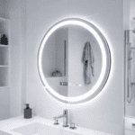 Oglindă LED rotundă, 70cm, Celeste MotionGlow Marcello, Sistem dezaburire, Ceas & termometru, intensitate reglabilă, Lumina caldă neutră rece