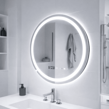 Oglindă LED rotundă, 70cm, Celeste MotionGlow Marcello, Sistem dezaburire, Ceas & termometru, intensitate reglabilă, Lumina caldă neutră rece