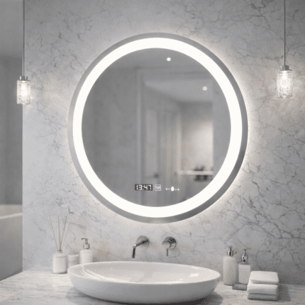 Oglindă LED rotundă Celeste 60 cm, MotionGlow, dezaburire, ceas și termometru