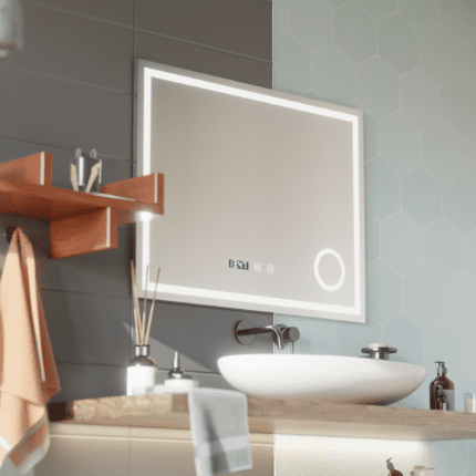 Oglindă LED NIVERA 80 × 60 cm, touch, dezaburire, ceas, temperatură și lupă cosmetică