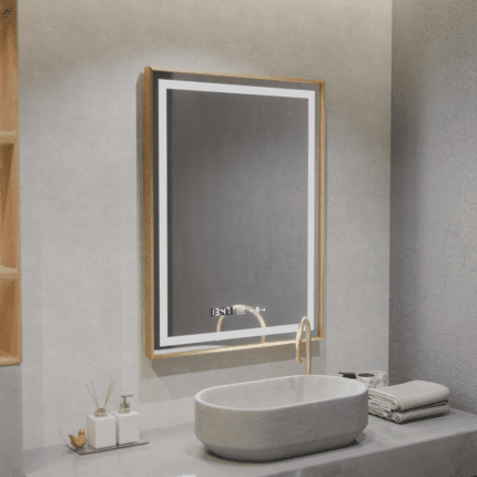 Oglindă LED dreptunghiulară, 60x80cm, Verite Royale Gold MotionGlow Marcello, Sistem dezaburire, Ceas & termometru, intensitate reglabilă