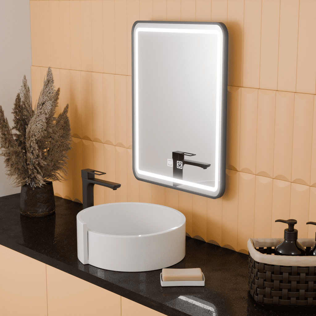 a1_de88dd24-9718-49ec-969b-e76def60403d Oglinda LED Rectangulara, 45x60cm, EDGE Touch, Sistem Dezaburire, Rama Neagra - imagine 1