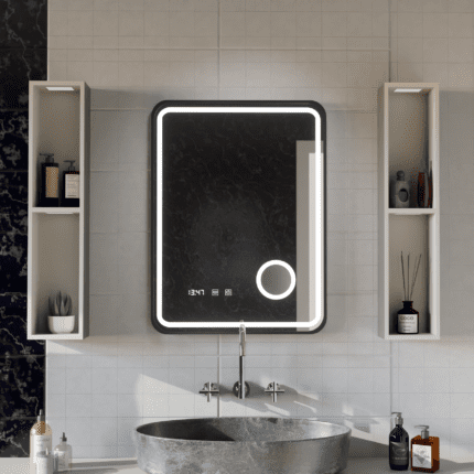 Oglindă LED Ulrich 75 × 90 cm, touch, dezaburire, ceas, temperatură și lupă cosmetică
