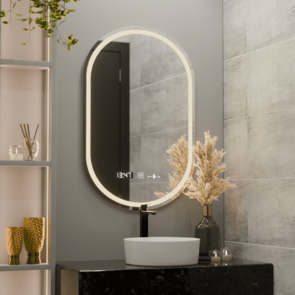 Oglindă LED ovală, 60x80cm, Eminence MotionGlow Marcello, Sistem dezaburire, Ceas & termometru, intensitate reglabilă