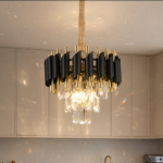 Candelabru Cristal VERSAILLES Petito 3xE14, Diametru 30cm, Auriu Lucios si Negru, Inaltime Reglabila