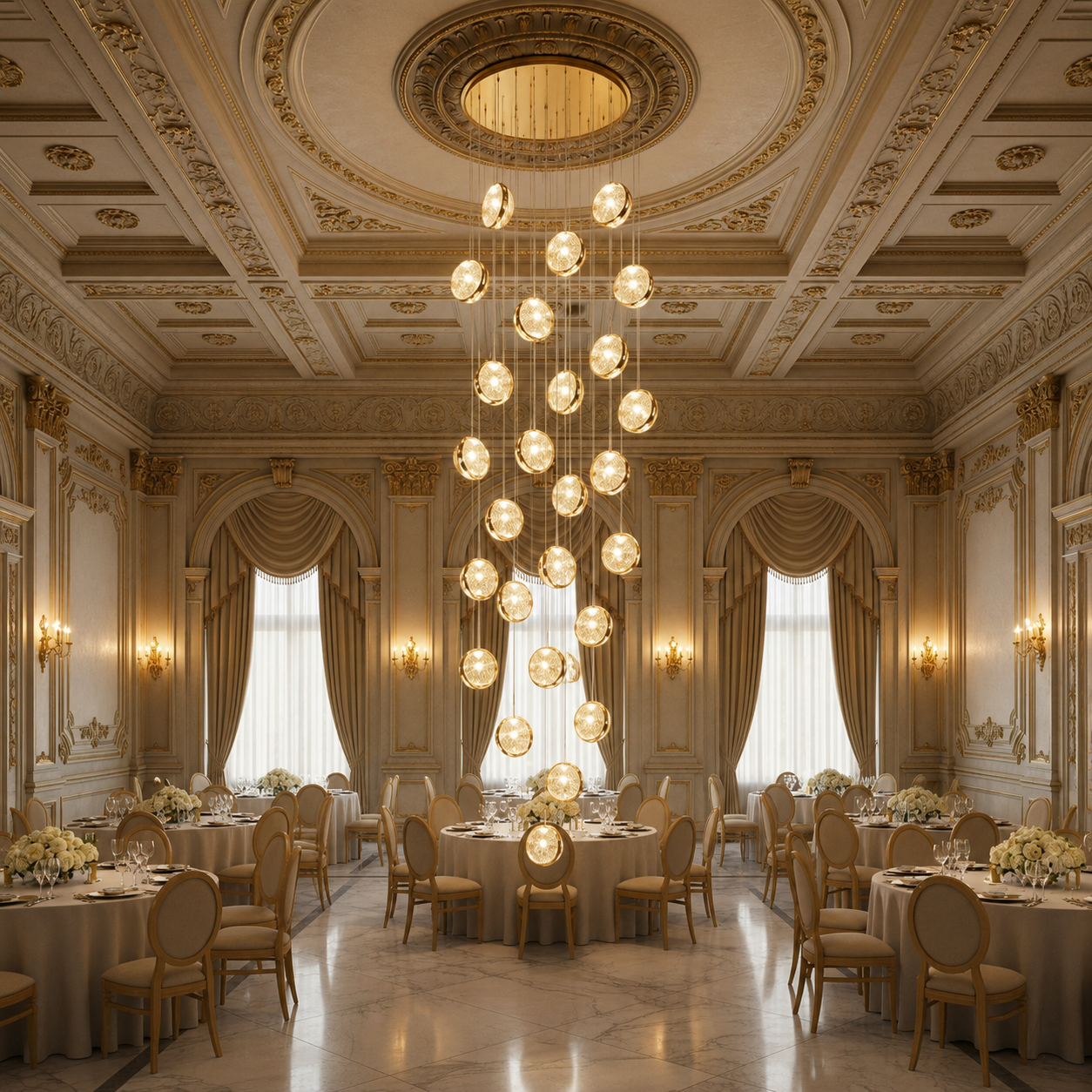 Candelabru Cristal FRAME LED cu Telecomanda, Suspendat, 30 Surse, 90W, Diametru 60cm, Inaltime Reglabila, Auriu, Metal si Cristal - imagine 2