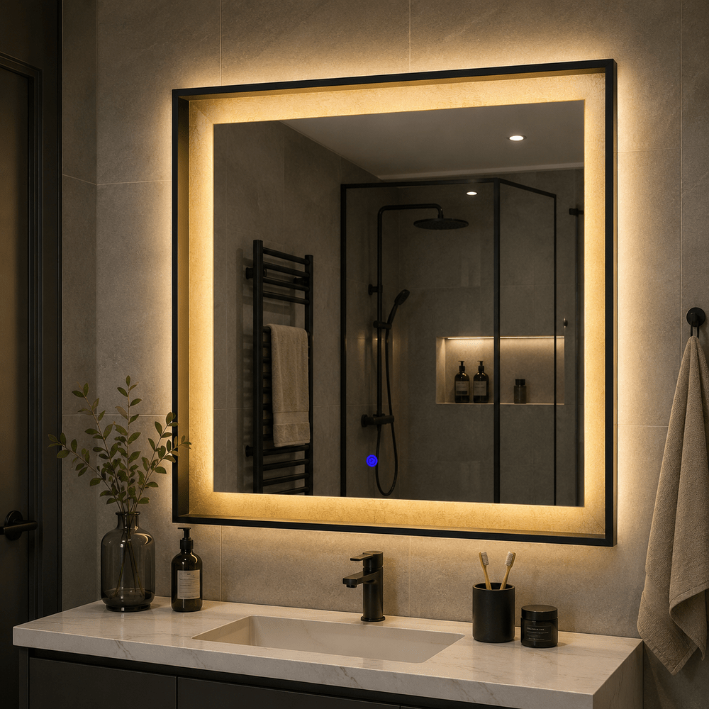 Oglindă LED NUK 70×70 cm, ramă neagră
