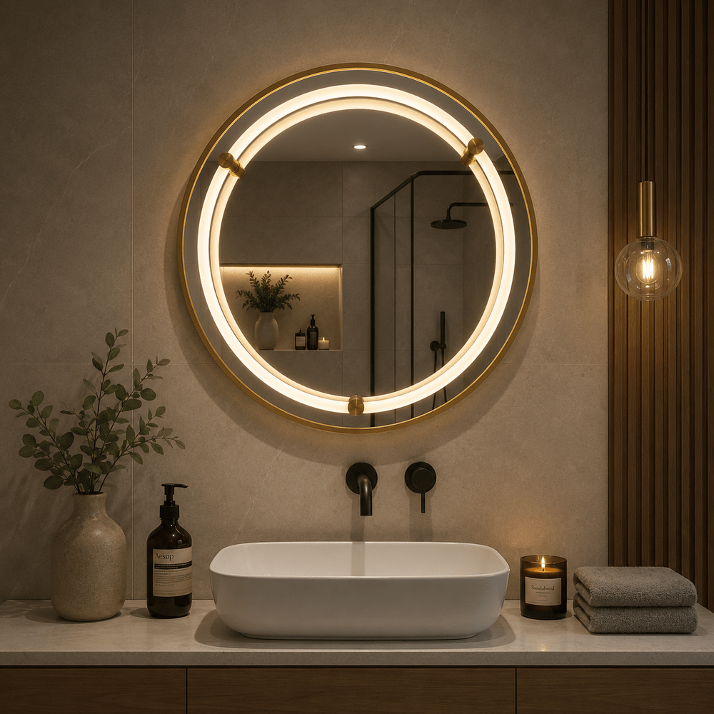 Oglindă LED WARSA rotundă 60 cm, ramă aurie