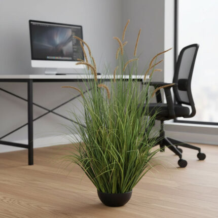 Planta Artificiala Iarba Ornamentala Tip Coada de Pisica, 120cm, 17 tulpini, Iarba curbata si Spice, Verde Tomnal, Fara Ghiveci