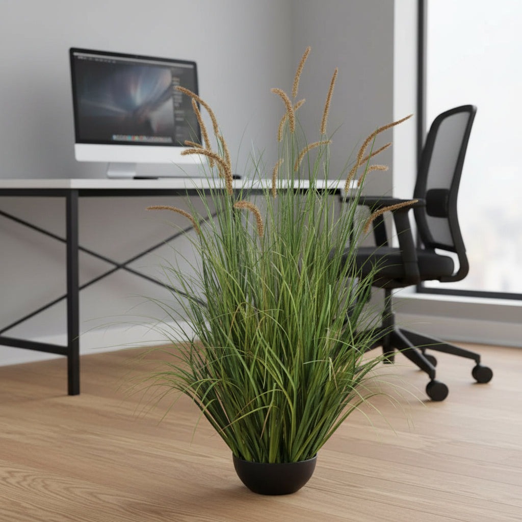 Planta Artificiala Iarba Ornamentala Tip Coada de Pisica, 120cm, 17 tulpini, Iarba curbata si Spice, Verde Tomnal, Fara Ghiveci