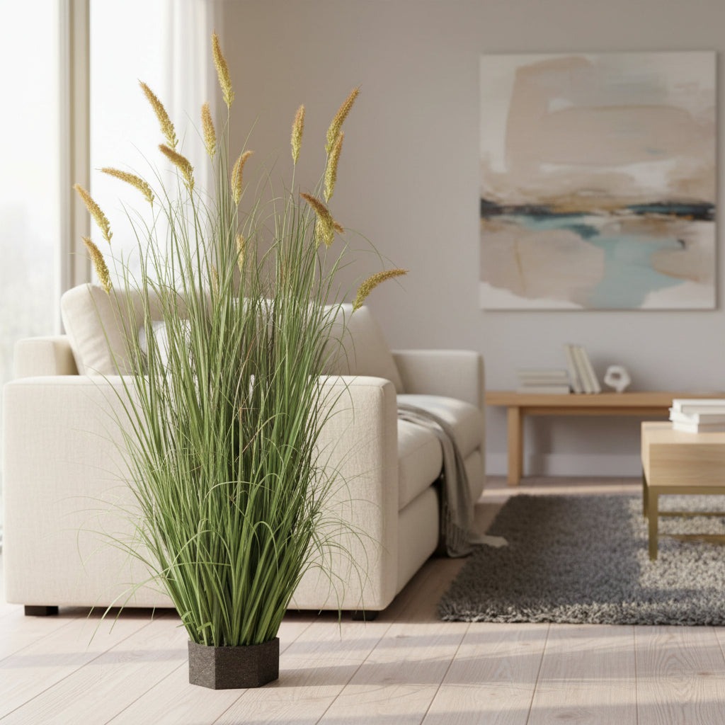 Planta Artificiala Iarba Ornamentala Tip Coada de Pisica, 150 cm, 17 tulpini, iarba curbata si spice, Verde, Fara Ghiveci Planta Artificiala Iarba Ornamentala Tip Coada de Pisica, 150 cm, 17 tulpini, iarba curbata si spice, Verde, Fara Ghiveci
