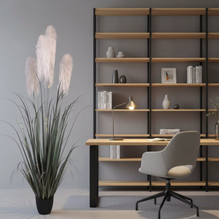 Planta Artificiala Iarba Ornamentala, 240cm, cu 5 fire, Stuf si Iarba, Verde si Gri, Fara Ghiveci