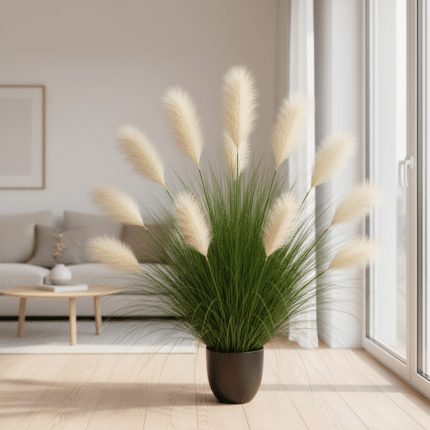Planta Artificiala Iarba Ornamentala, 137 cm, 11 tulpini, Stuf si Iarba, Verde deschis si Alb, Fara Ghiveci