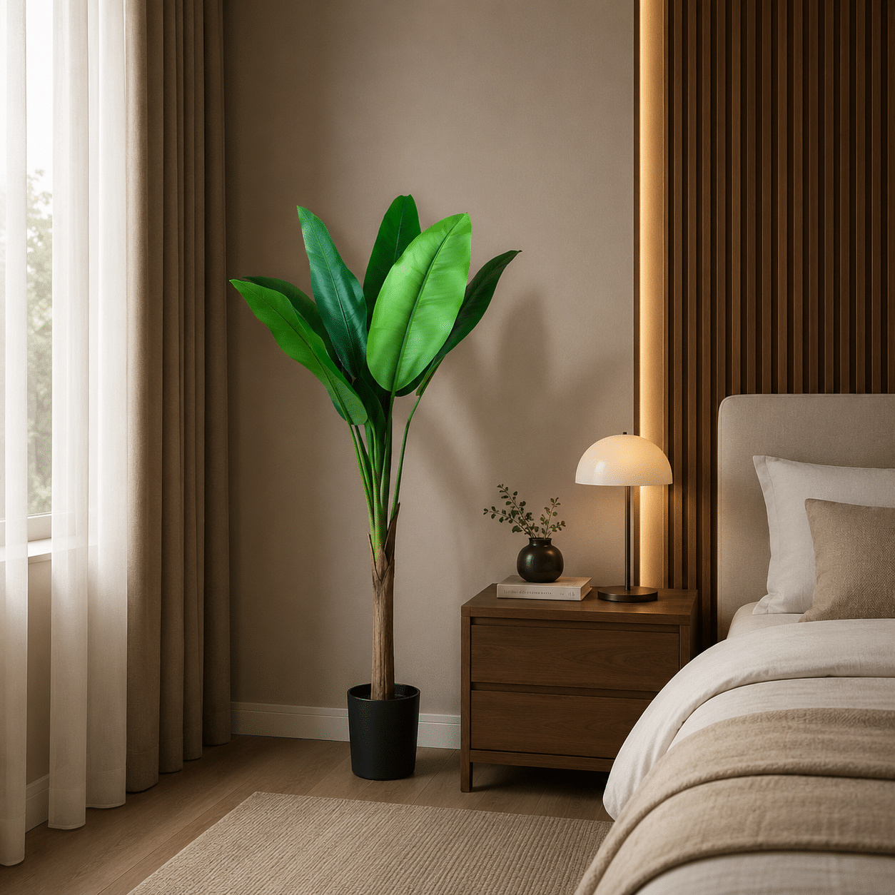 Planta Artificiala Copac Tip Bananier, 130 cm, 6 frunze, Verde, cu Ghiveci Planta Artificiala Copac Tip Bananier, 130 cm, 6 frunze, Verde, cu Ghiveci