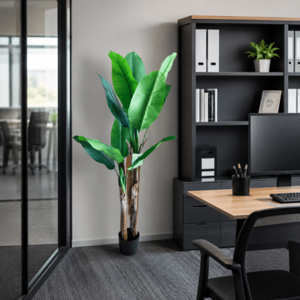 Planta Artificiala Copac Tip Bananier, 160 cm, 2 tulpini, 10 frunze, Verde, cu Ghiveci