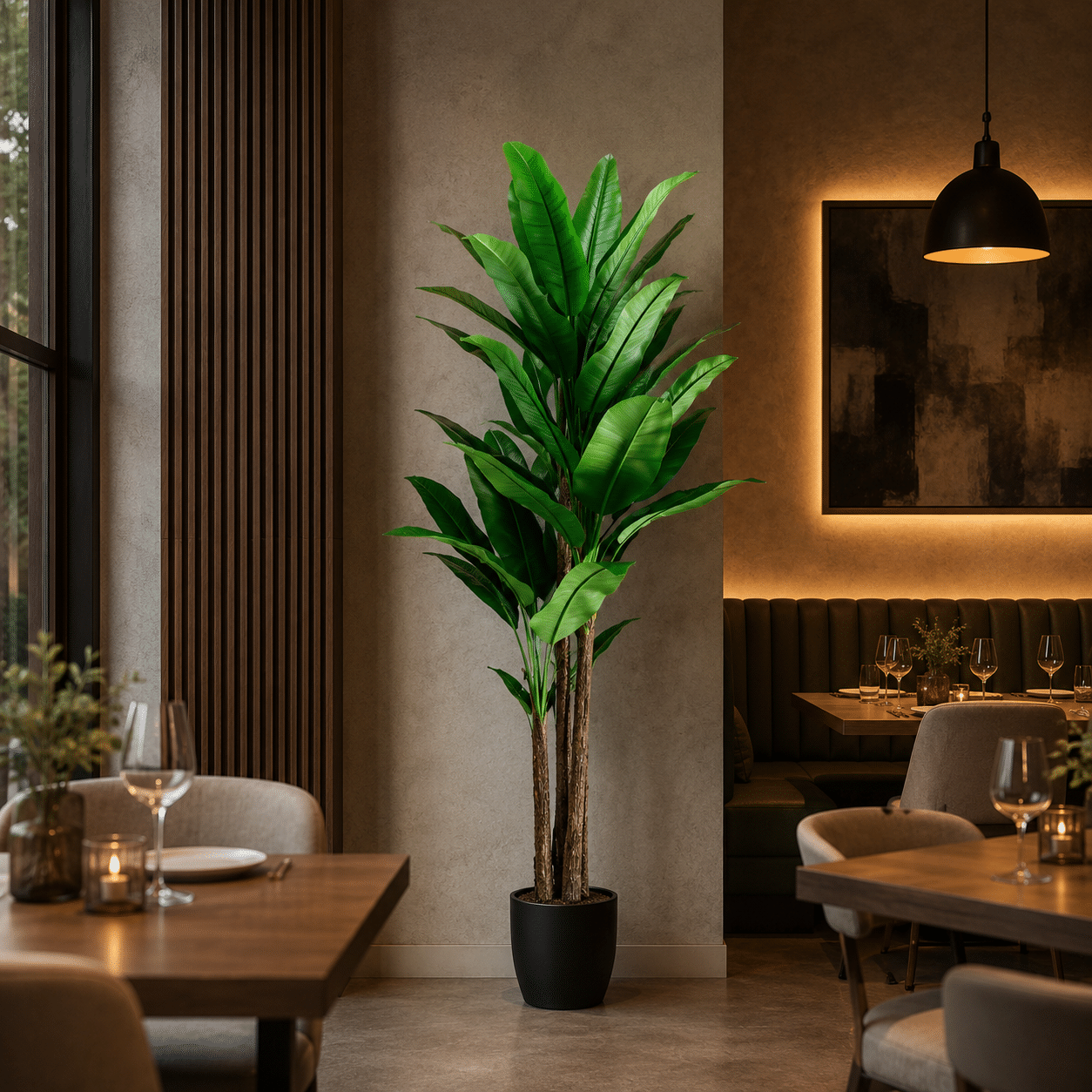 Planta Artificiala Copac Tip Bananier, 190 cm, 3 tulpini, 27 frunze, Verde, cu Ghiveci Planta Artificiala Copac Tip Bananier, 190 cm, 3 tulpini, 27 frunze, Verde, cu Ghiveci