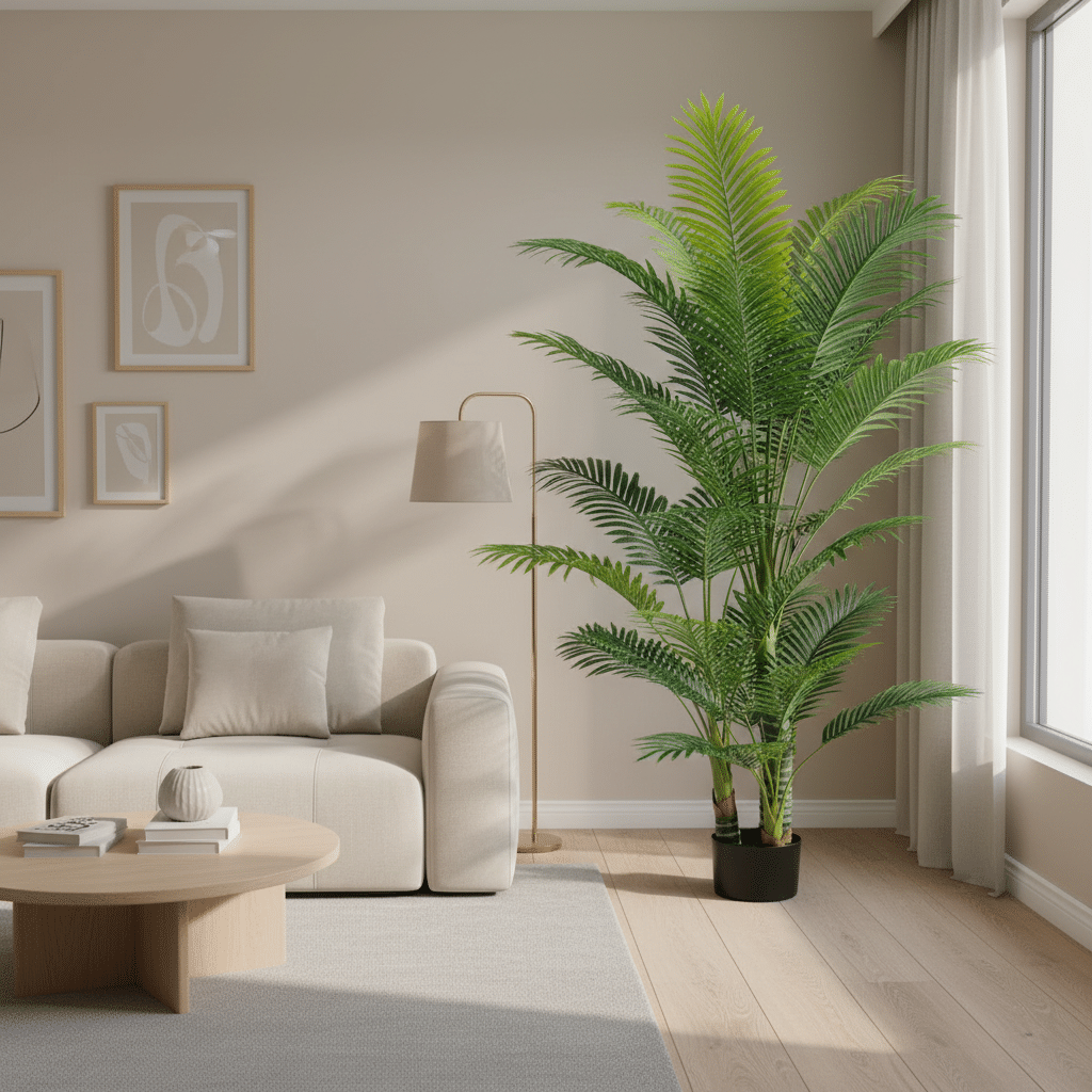 Planta Artificiala Copac Tip Palmier Kentia, 3 tulpini, 17 frunze, 220 cm, Verde, cu Ghiveci Planta Artificiala Copac Tip Palmier Kentia, 3 tulpini, 17 frunze, 220 cm, Verde, cu Ghiveci