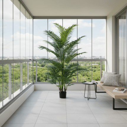 Planta Artificiala Copac Tip Palmier Kentia, 3 tulpini, 30 frunze, 190 cm, Verde, cu Ghiveci