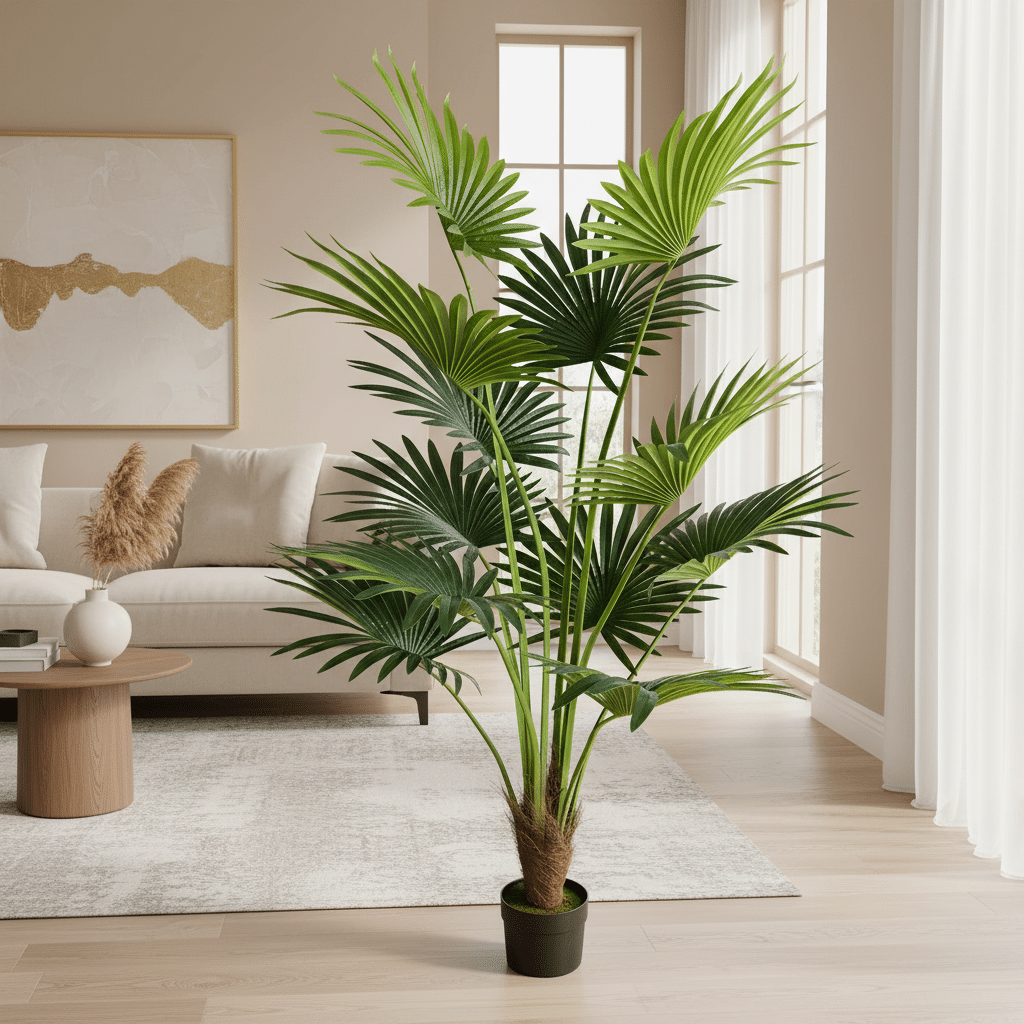 Planta Artificiala Tip Palmier Livistona Evantai, 12 frunze, 180 cm, Verde Planta Artificiala Tip Palmier Livistona Evantai, 12 frunze, 180 cm, Verde