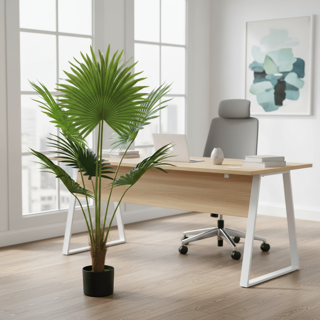 Planta Artificiala Tip Palmier Livistona Evantai, 5 frunze, 120 cm, Verde Planta Artificiala Tip Palmier Livistona Evantai, 5 frunze, 120 cm, Verde