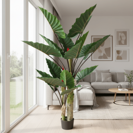 Planta Artificiala Tip Alocasia Cu Frunze Late, 2 trunchiuri, 190 cm, Verde