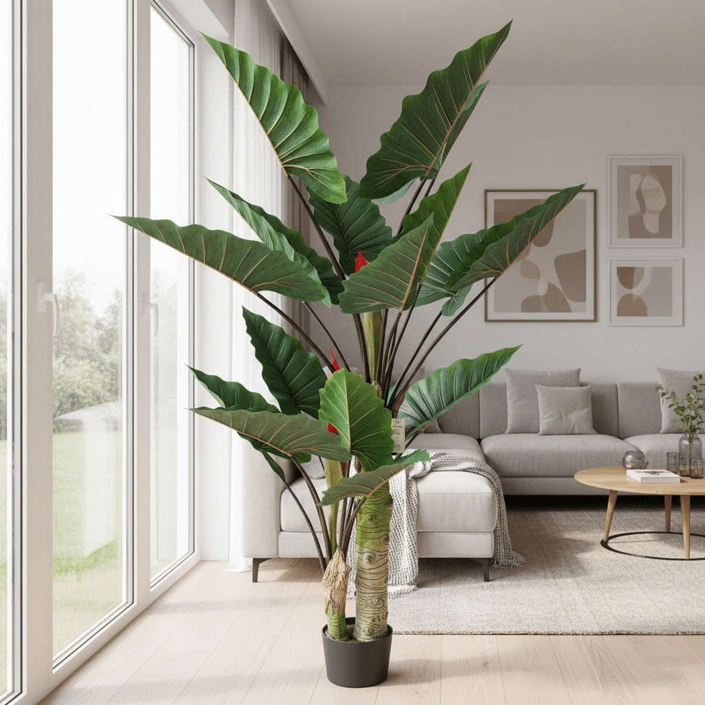 Planta Artificiala Tip Alocasia Cu Frunze Late, 2 trunchiuri, 190 cm, Verde Planta Artificiala Tip Alocasia Cu Frunze Late, 2 trunchiuri, 190 cm, Verde