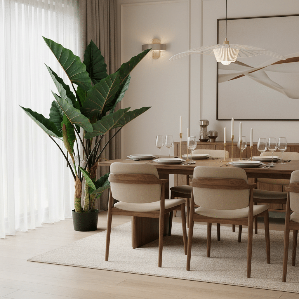 Planta Artificiala Tip Alocasia Cu Frunze Late, 3 trunchiuri, Plastic, 160 cm, Verde Planta Artificiala Tip Alocasia Cu Frunze Late, 3 trunchiuri, Plastic, 160 cm, Verde