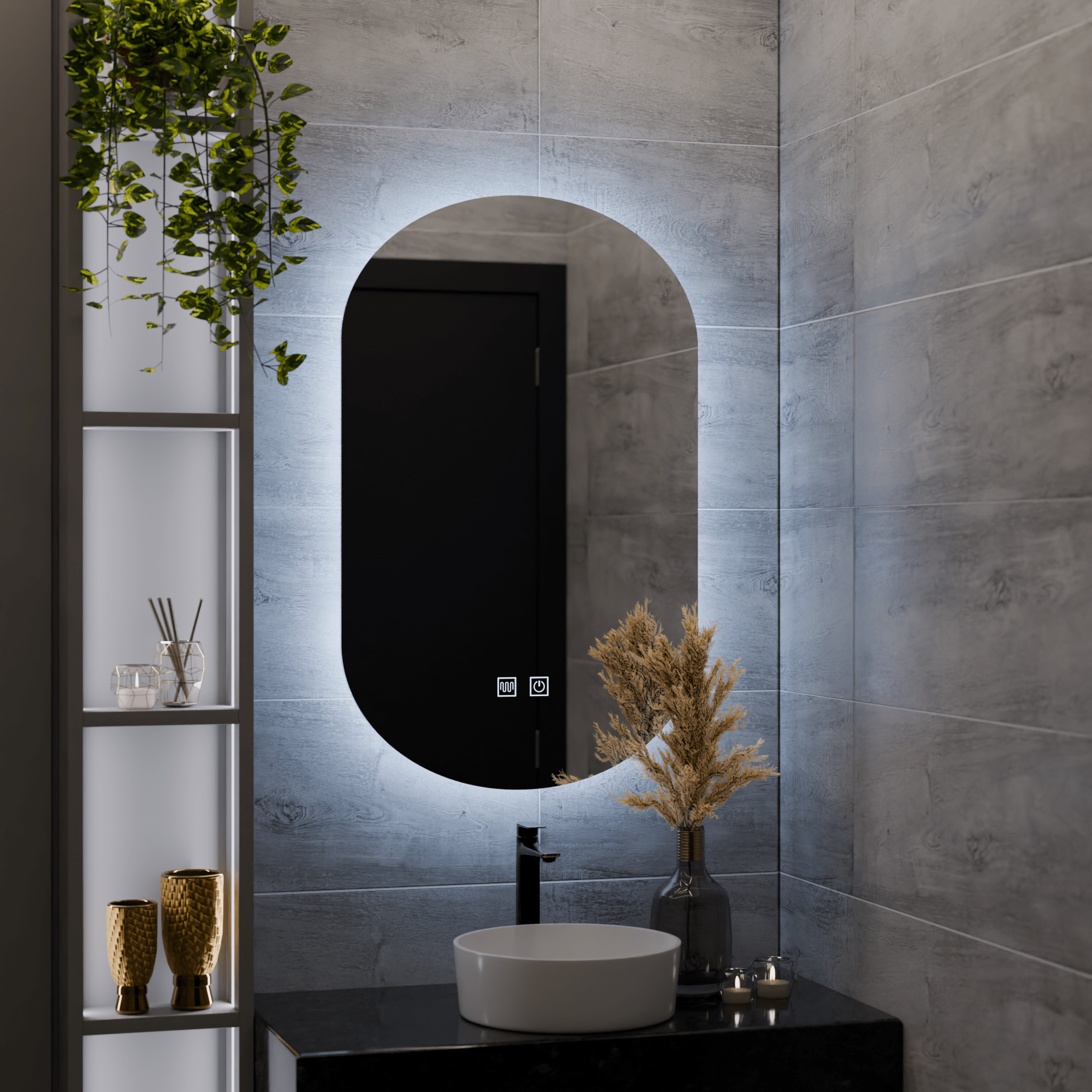 Oglinda LED Ovala, 50X80cm, E14S/50X80, Touch, Sistem Dezaburire Oglindă LED ovală 50×80 cm, touch