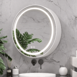 Oglinda LED cu Dulap, Rotunda, 10W, 50x50cm, Dezaburire, Rama Neagra, Spatiu de Depozitare