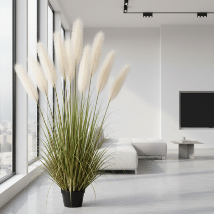 Planta Artificiala Iarba Ornamentala, 240cm, cu 9 fire, Stuf si Iarba, Verde si Roz, Fara Ghiveci