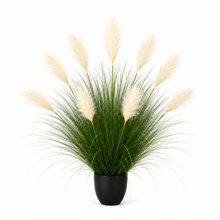 Planta Artificiala Iarba Ornamentala, 110 cm, 9 tulpini, Stuf si Iarba, Verde deschis si alb, Fara Ghiveci