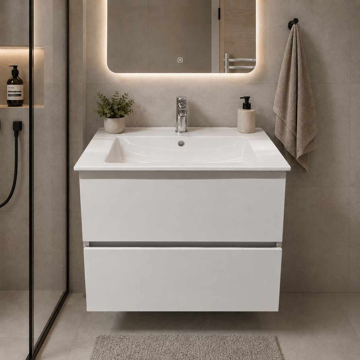 Set Mobilier DUSHANBE pentru Baie, Dulap Lavoar, 2 Sertare, Alb Set Mobilier DUSHANBE pentru Baie, Dulap Lavoar, 2 Sertare, Alb - imagine 1