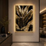 Tablou Decorativ cu Iluminare LED Frunze de Bananier, 80 x 160 cm, 24W, Lumina Neutra, Aliaj de Aluminiu si MDF
