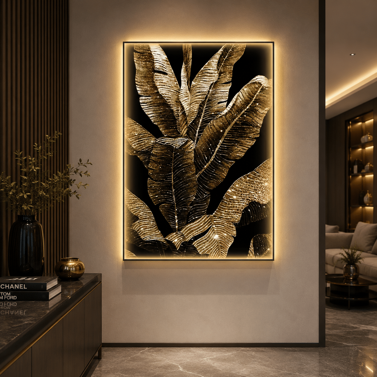 Tablou Decorativ cu Iluminare LED Frunze de Bananier, 80 x 160 cm, 24W, Lumina Neutra, Aliaj de Aluminiu si MDF - imagine 1