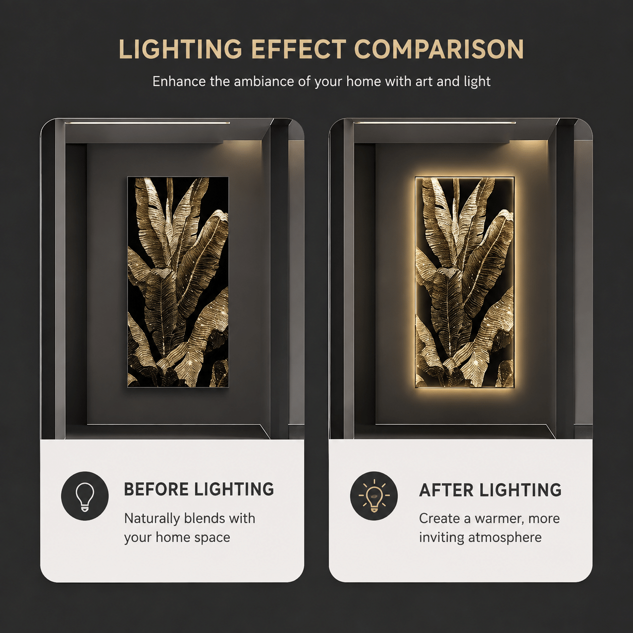 Tablou Decorativ cu Iluminare LED Frunze de Bananier, 80 x 160 cm, 24W, Lumina Neutra, Aliaj de Aluminiu si MDF - imagine 2
