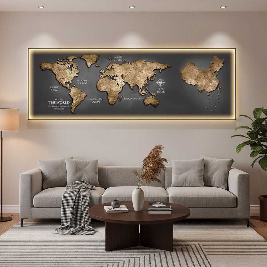 Tablou Decorativ cu iluminare LED Harta a Lumii, 120 x 60 cm, 24W, Lumina Neutra, Aliaj de Aluminiu si MDF - imagine 1