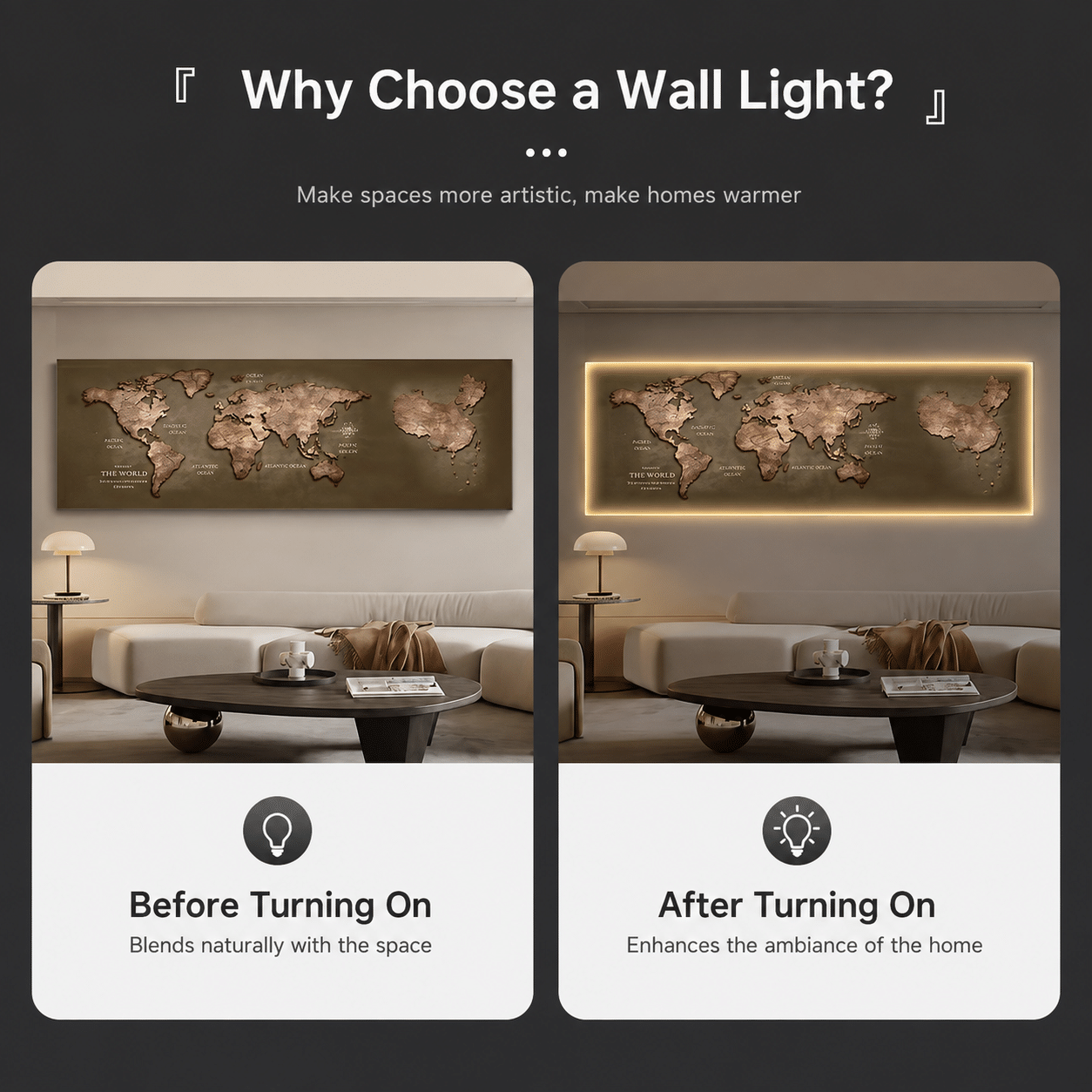 Tablou Decorativ cu iluminare LED Harta a Lumii, 120 x 60 cm, 24W, Lumina Neutra, Aliaj de Aluminiu si MDF - imagine 2