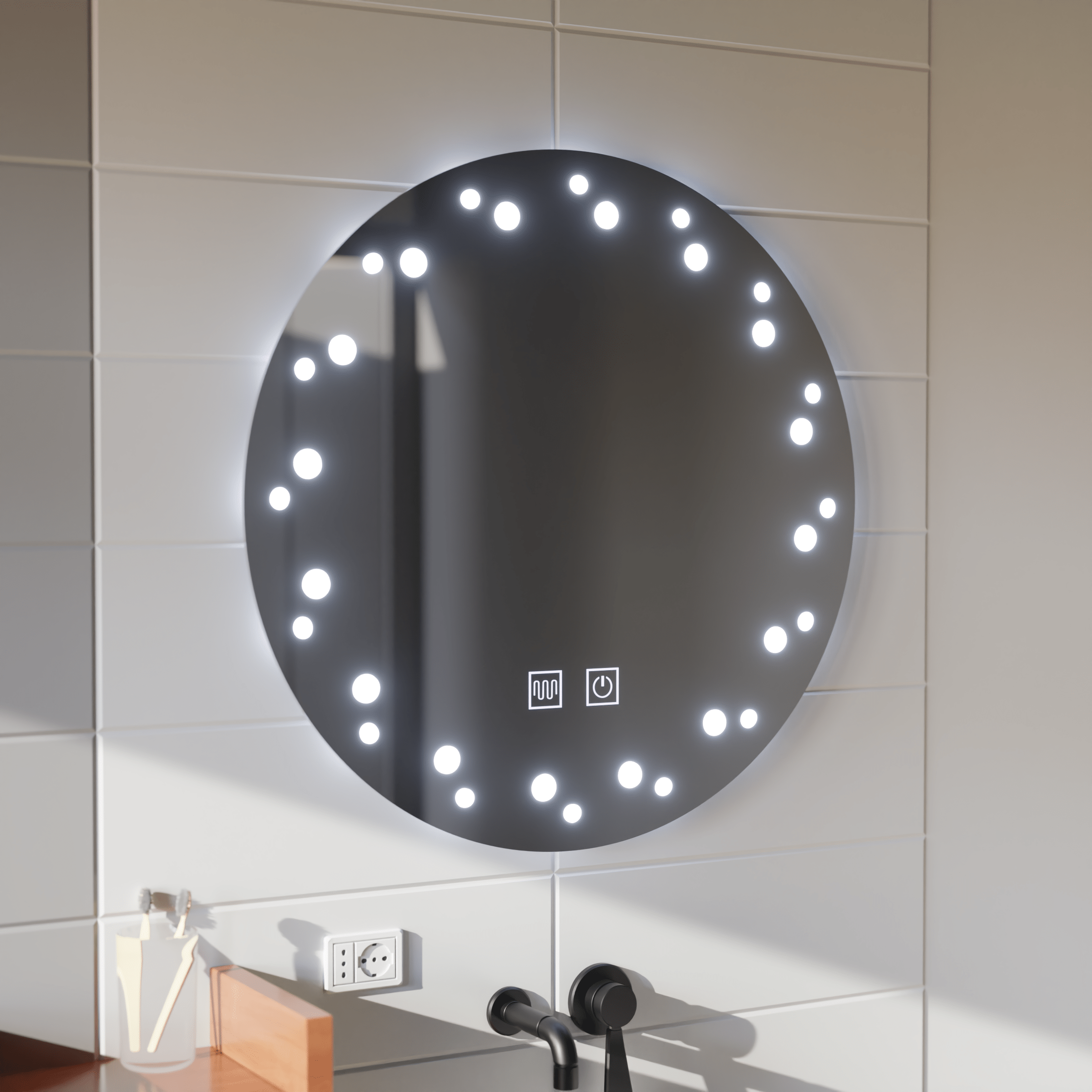 Oglinda LED Touch Ivory, Sistem Dezaburire, Diametru 60cm, Lumina Rece 6000K Oglindă LED Ivory rotundă 60 cm, touch