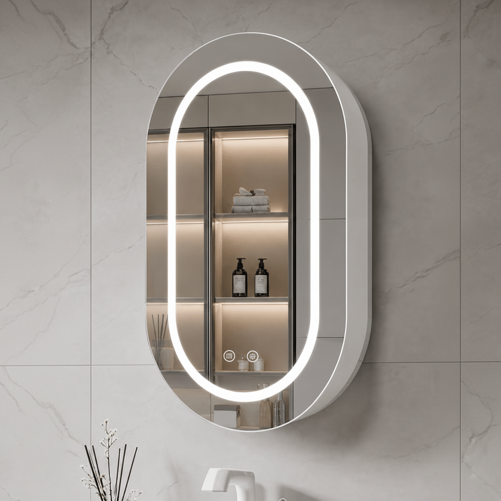 Oglinda LED cu Dulap, Ovala, 50x80cm, Dezaburire, Lumina Rece/Calda/Neutra, Rama Alba, Spatiu de Depozitare Oglinda LED cu Dulap, Ovala, 50x80cm, Dezaburire, Lumina Rece/Calda/Neutra, Rama Alba, Spatiu de Depozitare - imagine 1